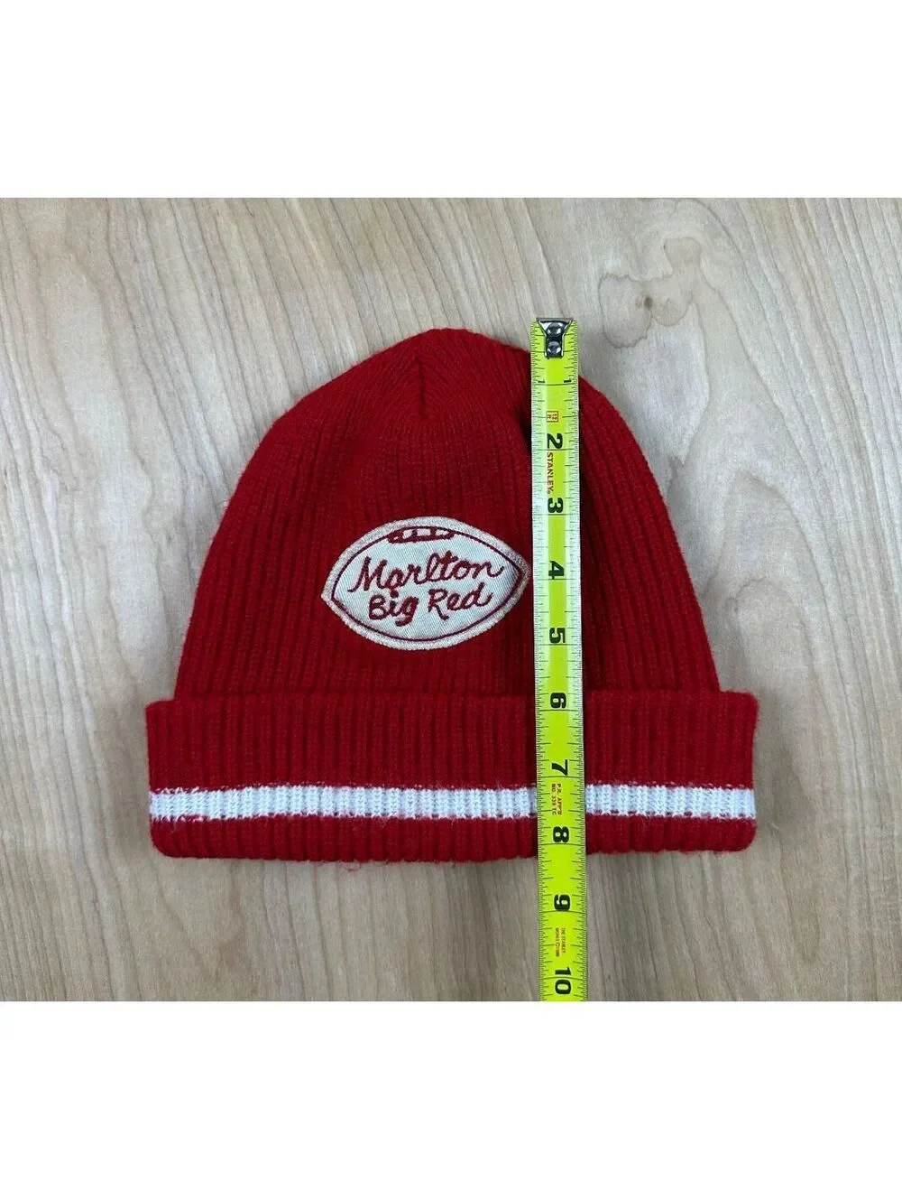 Vintage 70s Marlton Big Red Beanie Chain Stitch football wool knit hat stripe